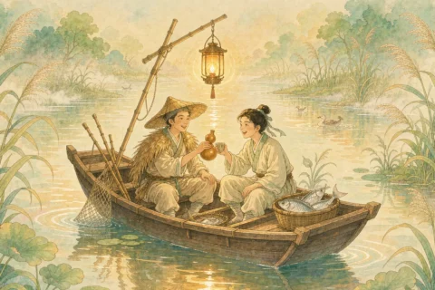 A fisherman in a straw cape and a friendly young man in pale robes sit in a small wooden boat drinking wine beside a hanging warm oil lantern, with jade-green reeds and a basket of silver fish - illustration for the Chinese ghost story The Water Ghost Who Would Not Drown a Woman