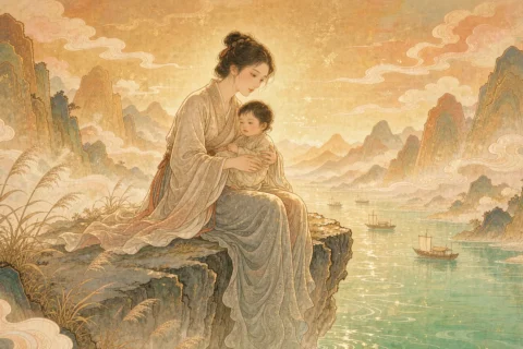 On a mountaintop above a wide river, a young woman in a faded robe holds a small child and looks toward the water, her skirt and the rock beneath her merging into one grey stone, under warm golden-hour light - illustration for the Chinese legend The Wife Who Waited Until She Turned to Stone