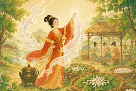A woman in vermilion and ochre robes holds a length of glowing white silk up to the sun in a mulberry grove, surrounded by bamboo trays of white silkworms on green leaves, baskets of pale cocoons, a steaming bronze pot, and village women learning at a wooden loom - illustration for the Chinese myth of Leizu, who taught China to raise silkworms