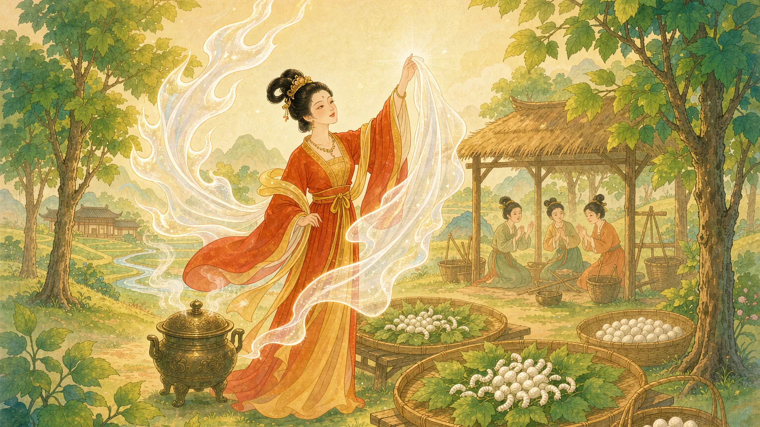 A woman lifting shining silk toward the sun in a mulberry grove - Chinese mythology illustration