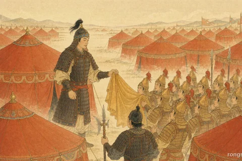 Illustration for a Chinese history story: a vast camp of round red tents on a bright plain at daybreak, a commander in dark armour standing outside his tent while armoured soldiers hold up a folded golden robe, long halberds and banners, distant hills
