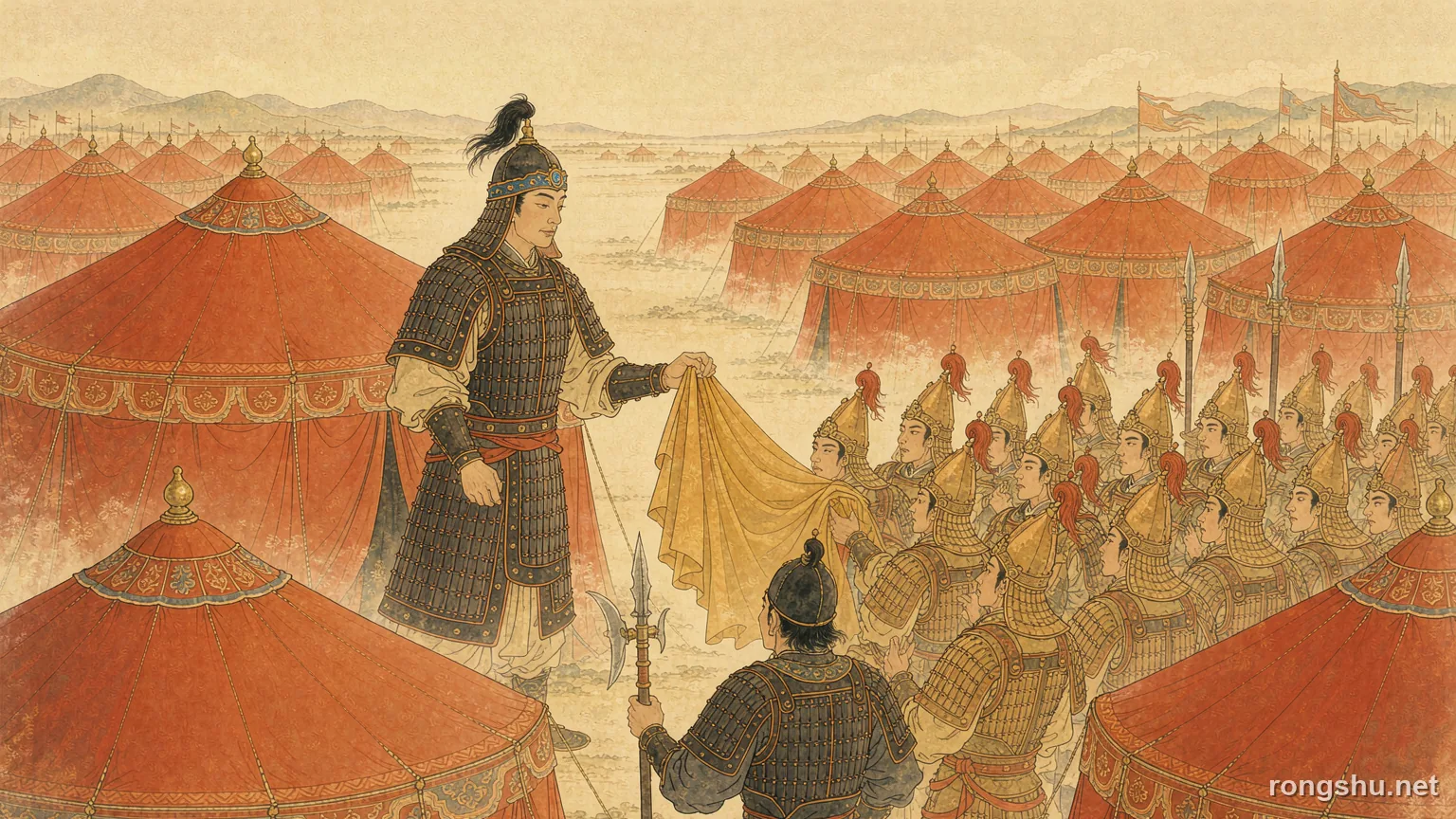 A camp of red tents at daybreak with soldiers holding up a golden robe - Chinese history illustration