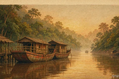 Illustration for a Chinese true crime story: two long wooden cargo boats moored at a river-bank dock on the Mekong at warm dawn, jungle hills in golden mist, water reflecting the sunrise, with no people