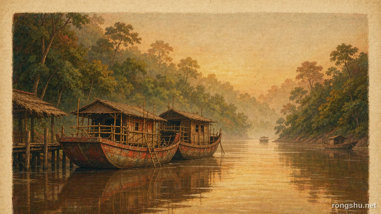 Two wooden cargo boats moored on the Mekong at warm dawn, jungle hills in golden mist - Chinese true crime illustration