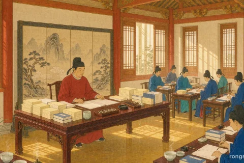 Illustration for a Chinese history story: a bright Ming official hall with clerks at side desks, a long table stacked with paper ledgers and an abacus, and a senior official in a red robe seated before a painted folding screen