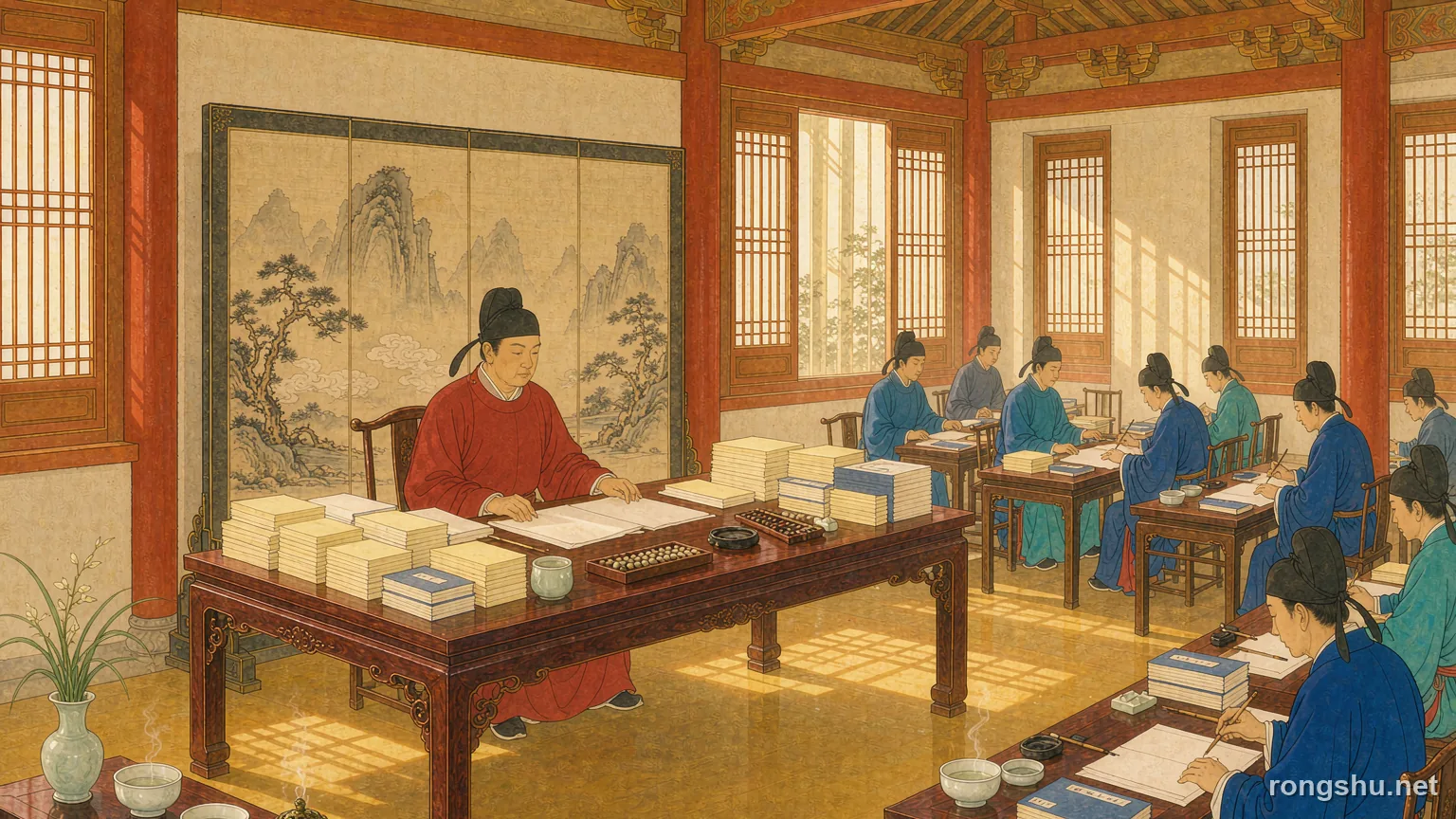 A Ming hall of ledgers with an official in a red robe - Chinese history illustration