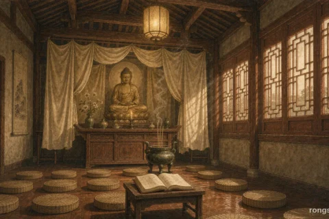 Illustration for a Chinese true crime story: the warm sepia interior of a Buddhist prayer hall with rows of woven cushions, an open sutra book on a low stand, a bronze incense burner and tall latticed windows, no people and no text