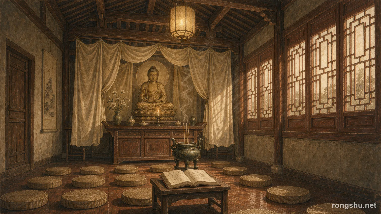 A warm sepia Buddhist prayer hall interior with rows of woven cushions, an open sutra book, a bronze incense burner and tall latticed windows - Chinese true crime illustration