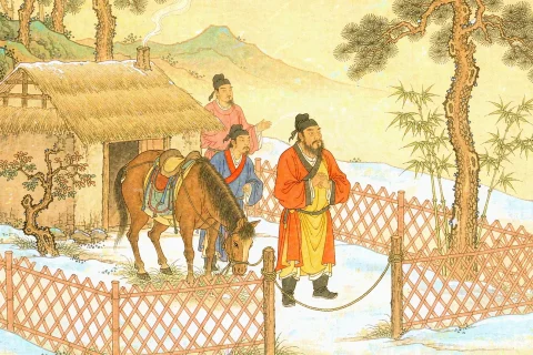A general in warm robes standing at the gate of a straw-roofed cottage among pines and bamboo on a bright winter afternoon, his horse behind him and two companions waiting - illustration for the Chinese idiom san gu mao lu