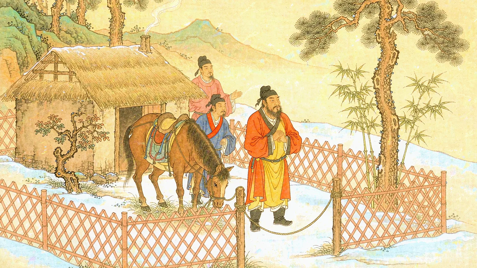 A general waiting at the gate of a straw-roofed cottage among pines on a bright winter afternoon - Chinese idiom story illustration