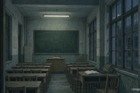 Illustration for a Chinese true crime story: an empty college classroom at night in 1992, one strip light burning over a desk with an open book and a cloth bag, empty wooden desks receding into shadow