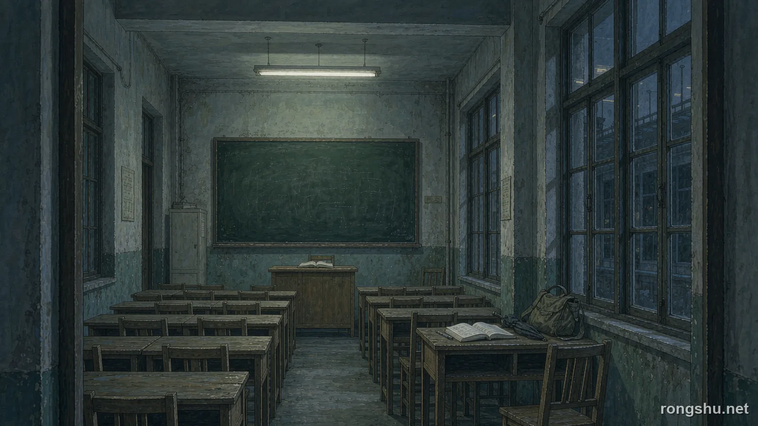 An empty 1990s Chinese college classroom at night with one light on - Chinese true crime illustration