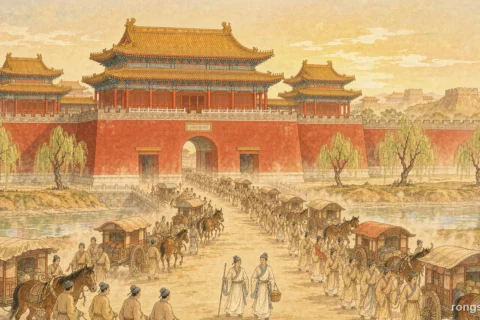 Illustration for a Chinese history story: a long procession of carts, mules and roped lines of people leaving a great walled Chinese capital at dawn, two small figures in plain robes near the center, red banners and gate towers with golden roofs under warm morning light