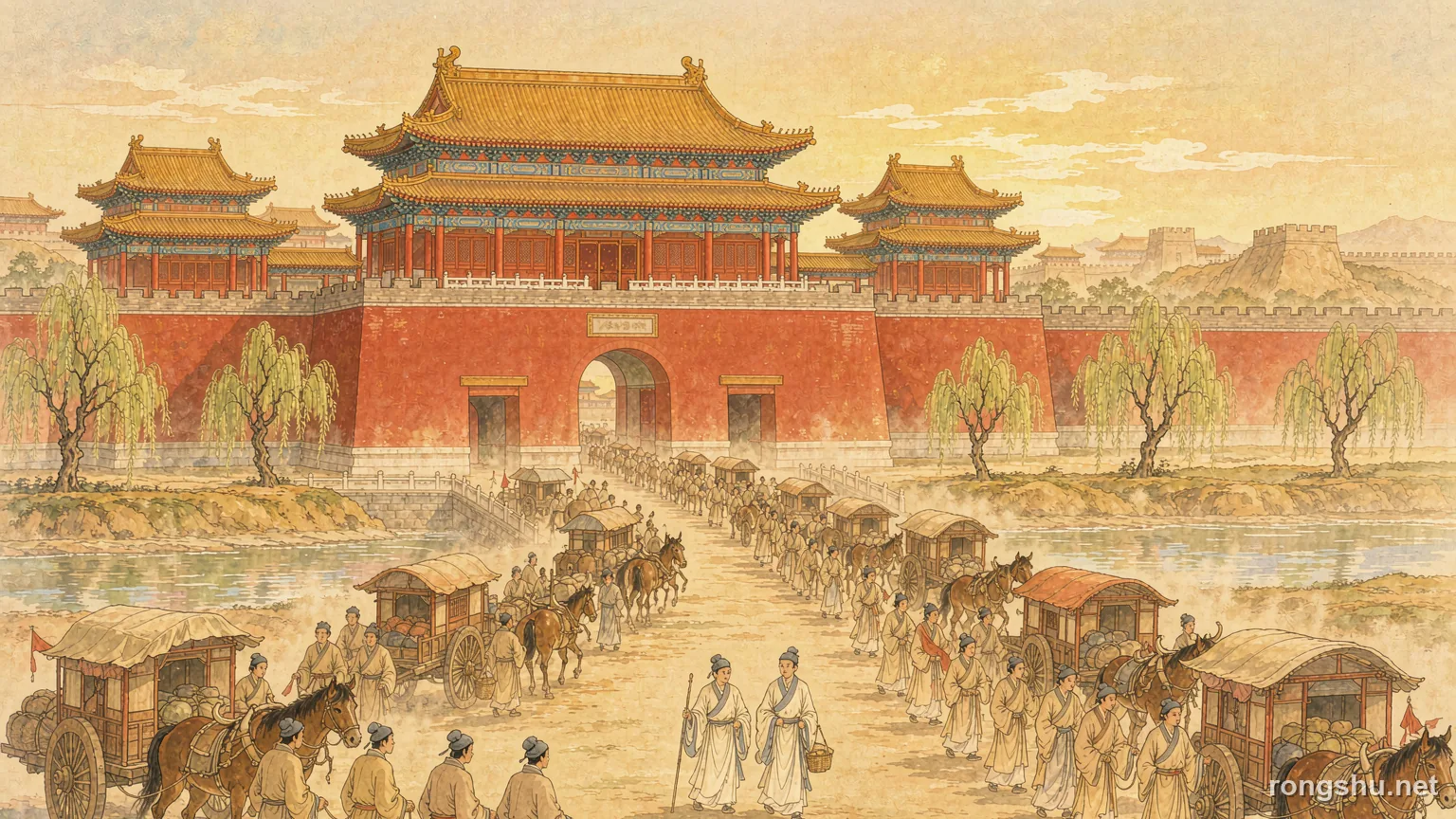 A procession of carts, mules and roped lines of people leaving a great walled Chinese capital at dawn - Chinese history illustration