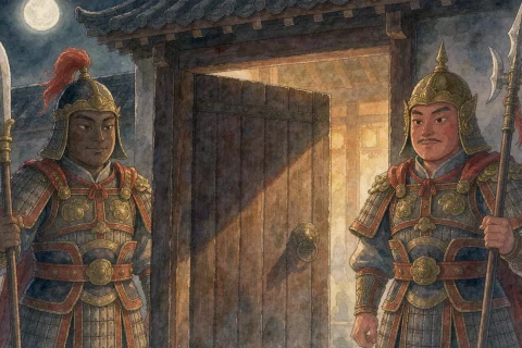 Two calm generals in ancient Chinese armor standing on either side of a heavy wooden palace door at night, moonlight and long shadows, warm lantern light shining through - Chinese bedtime story illustration