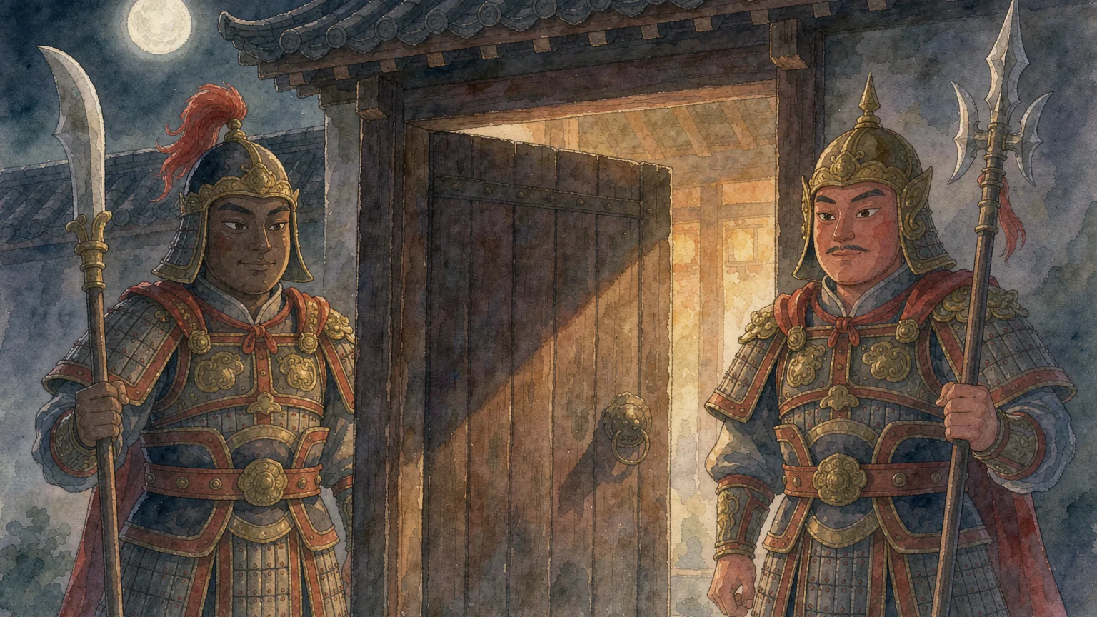 Two calm generals in ancient Chinese armor standing on either side of a heavy wooden palace door at night, moonlight and long shadows, warm lantern light shining through - Chinese bedtime story illustration