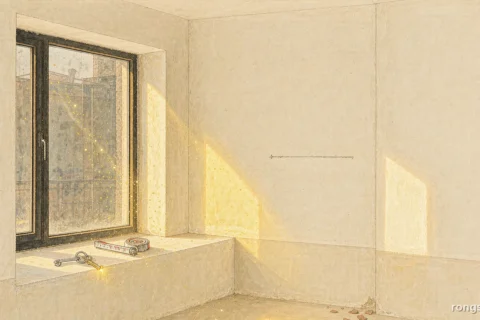 Illustration for a Chinese life story: an empty newly built apartment room with warm cream plaster walls, a short scratch line on the wall, warm sunlight across the floor, a small key ring with two brass keys and a tape measure on the windowsill, no people, no text
