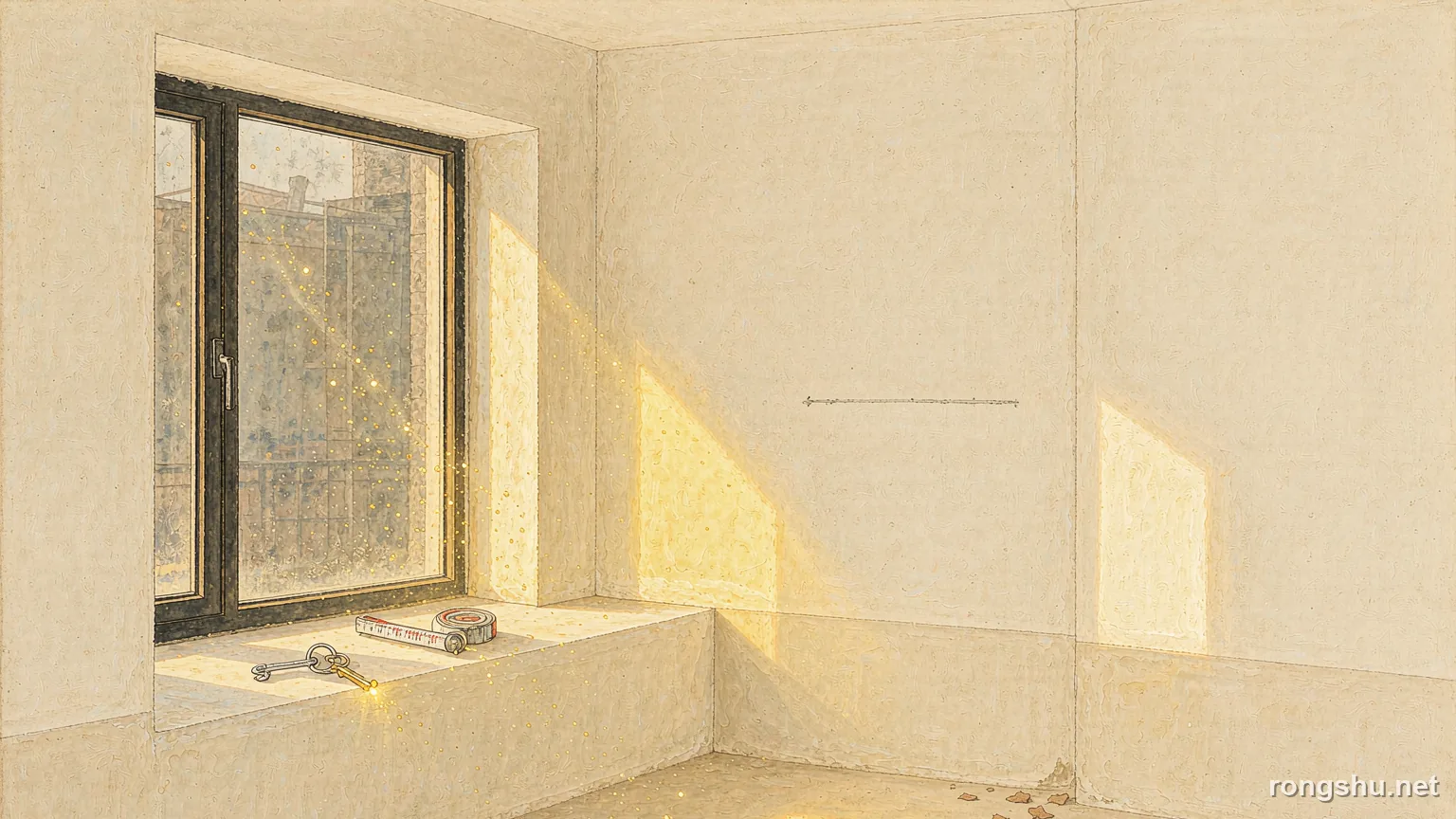 An empty unfurnished new flat in warm sunlight with a scratch line on the wall, two brass keys and a tape measure on the windowsill - Chinese life story illustration