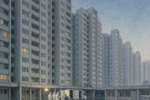 Illustration for a Chinese true crime story: rows of grey high-rise tower blocks at dusk in a Chinese city, and in the paved courtyard below, a white municipal pumping truck with workers in white protective suits under work lamps