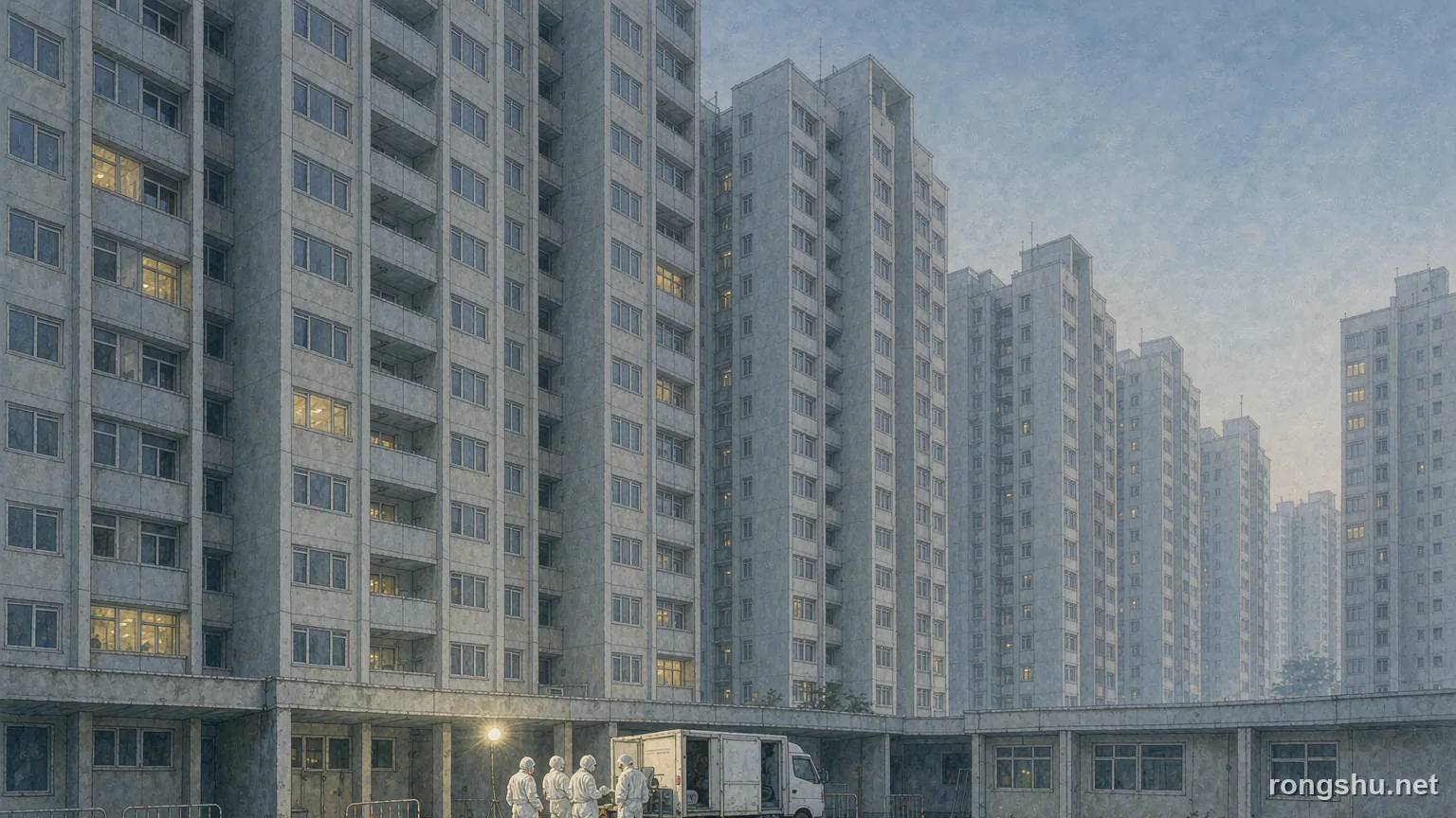 A Chinese high-rise estate at dusk with a sewage pumping truck in the courtyard - Chinese true crime illustration