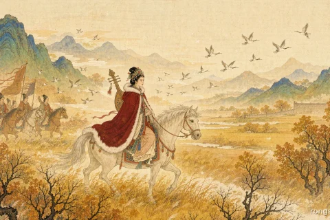 Illustration for a Chinese historical figure story: a woman in a crimson fur-lined cloak riding a white horse across wide golden autumn grassland, a pipa lute at her back, with an escort carrying red banners and wild geese flying north