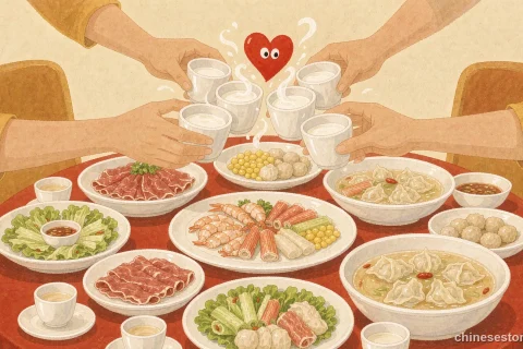 Illustration of hands raising cups over a round Chinese banquet table with shared dishes