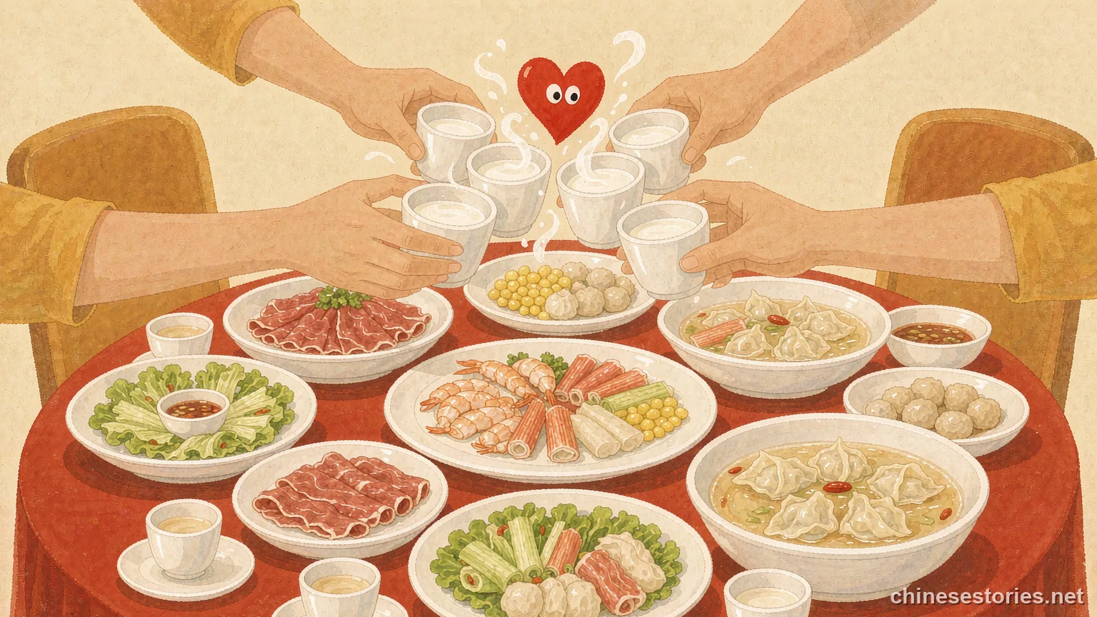 Hands raising cups over a round banquet table - Chinese culture illustration