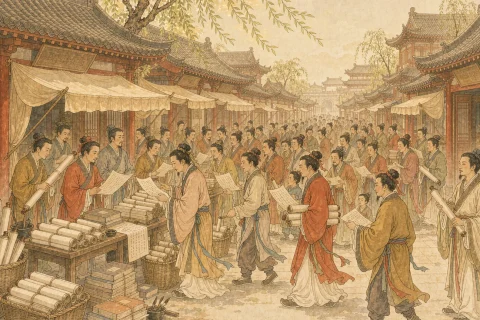 A crowded street in the Western Jin capital with townsfolk pressing around a paper shop and carrying long scrolls - illustration for the Chinese idiom luo yang zhi gui