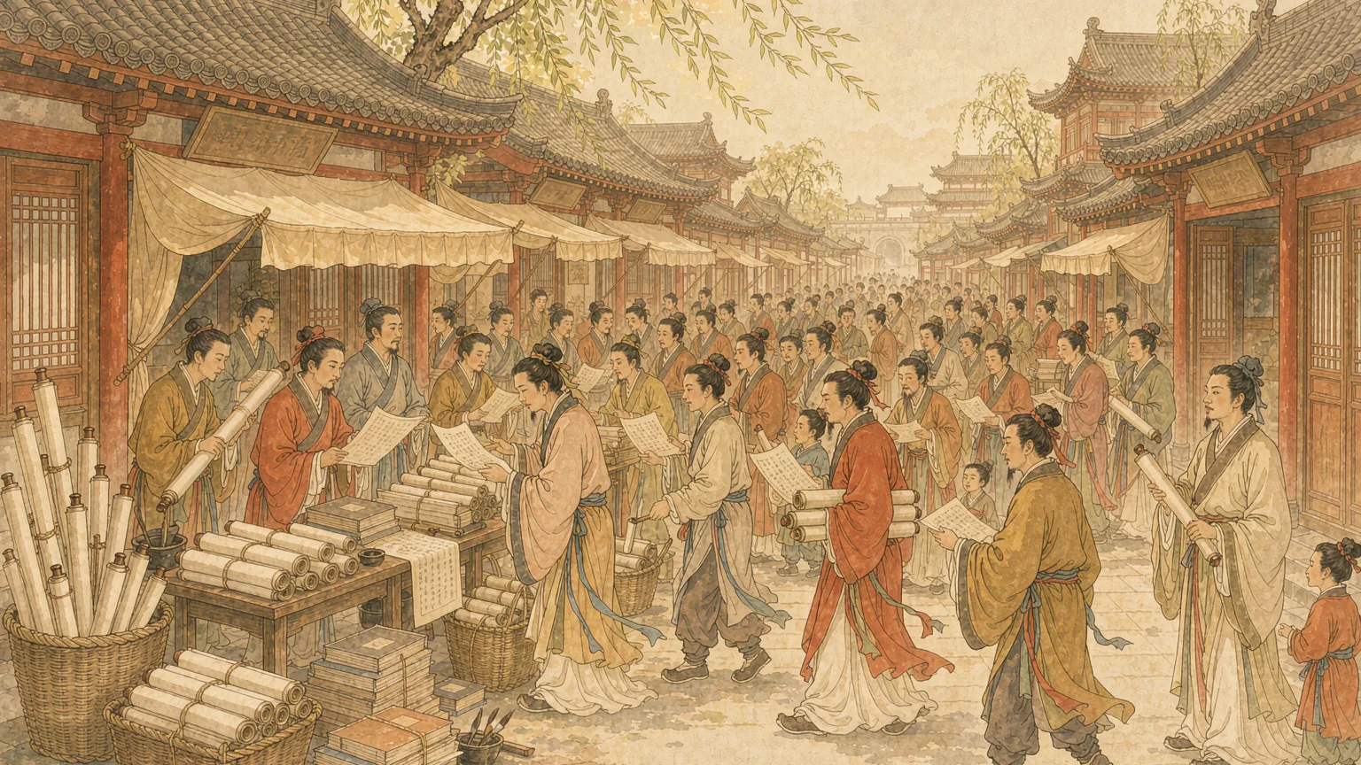 A crowded street in the Western Jin capital with townsfolk pressing around a paper shop - Chinese idiom story illustration