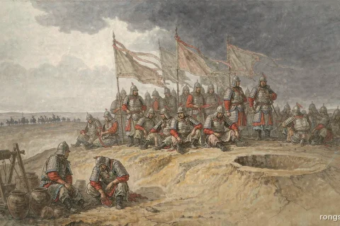 Illustration for a Chinese history story: Ming dynasty soldiers in armor camped on a dry hill under a heavy sky, long banners standing still, a shallow dry well dug into cracked earth, and a thin line of horsemen far on the horizon