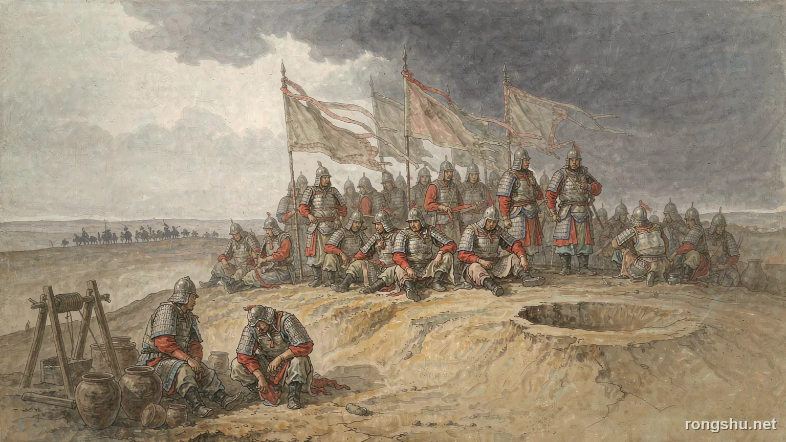 Ming dynasty soldiers camped on a dry hill - Chinese history illustration