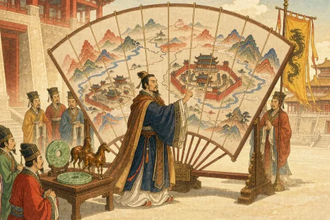A minister in flowing robes pointing at a large painted map of two neighbouring states in a bright palace courtyard, with a jade disc and two horses on a lacquer tray beside him - illustration for the Chinese idiom chun wang chi han