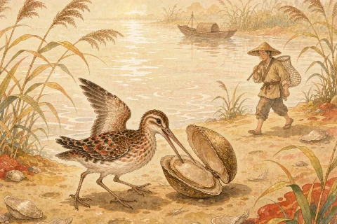 On a sunny reed-lined riverbank a long-billed snipe is caught by the closed shells of a freshwater clam, while a fisherman carrying a net walks up the bank - illustration for the Chinese idiom yu bang xiang zheng