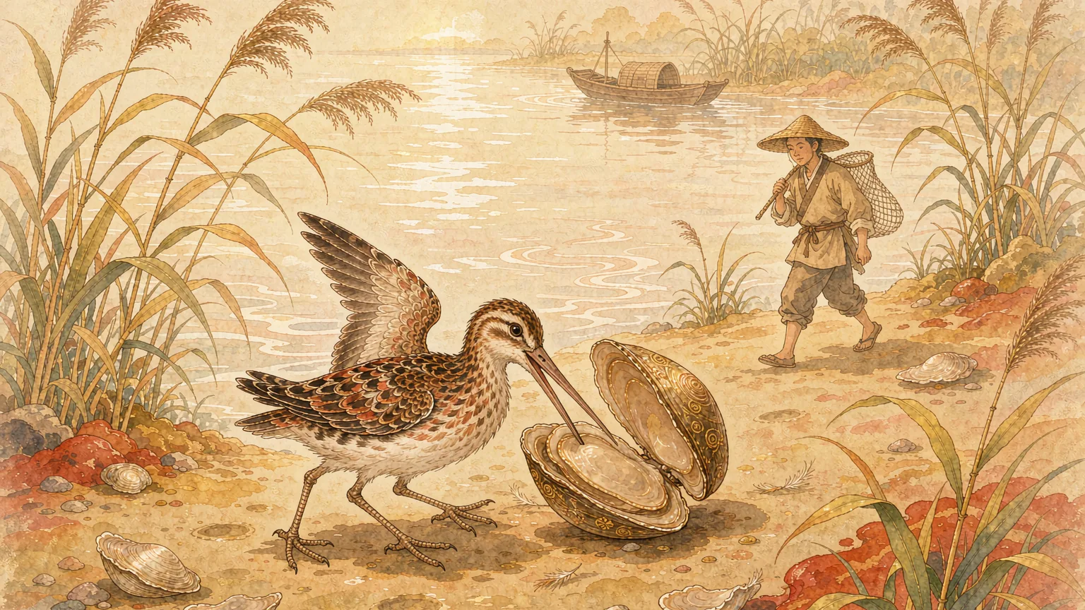 A long-billed snipe caught by a clam on a sunny riverbank as a fisherman with a net approaches - Chinese idiom story illustration