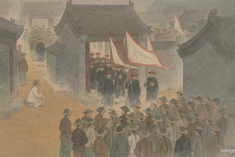 Illustration for a Chinese true crime story: a crowded narrow street outside a Qing dynasty yamen in 1870, banner bearers and guards at the gate, a lone kneeling figure holding up a petition