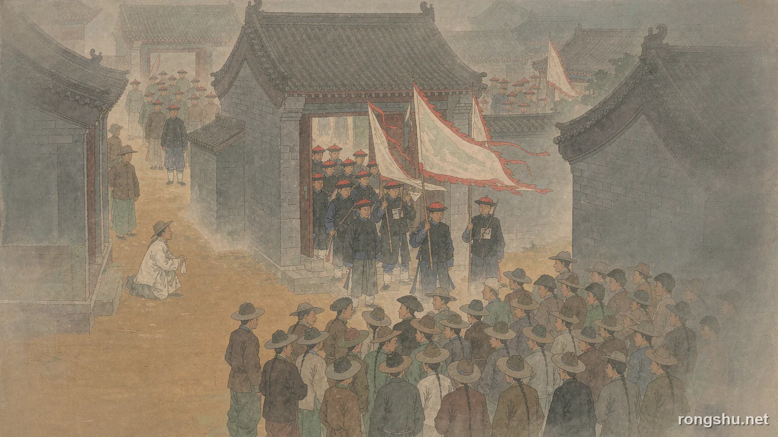a crowded narrow street outside a Qing dynasty yamen in 1870, with banner bearers, guards at the gate and a lone kneeling figure holding up a petition - Chinese true crime illustration