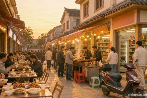A lively Chinese street food lane at dusk with lit stalls, outdoor tables and pedestrians - Chinese culture illustration