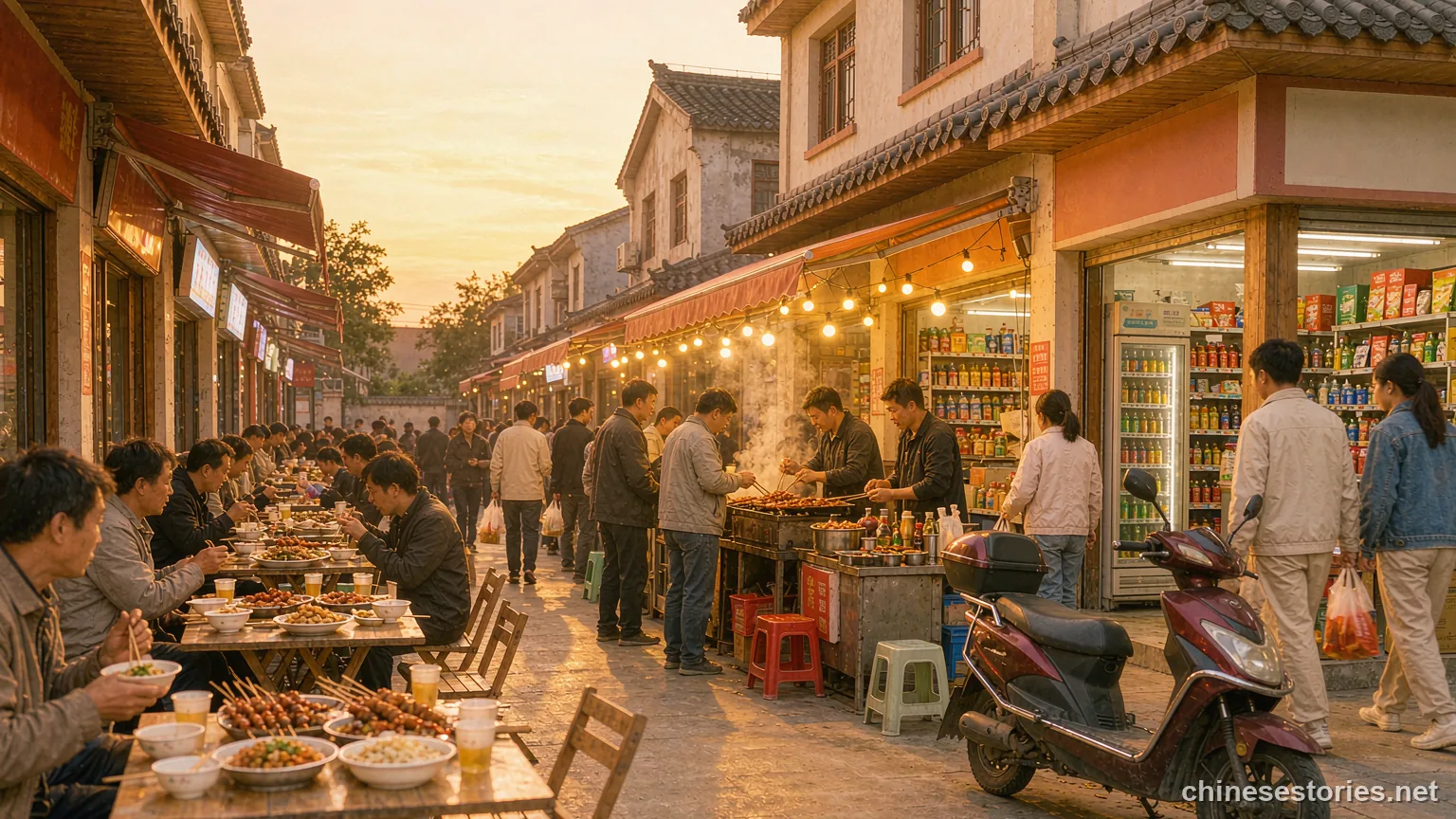 A warm evening street food lane with lit stalls and tables - Chinese culture illustration