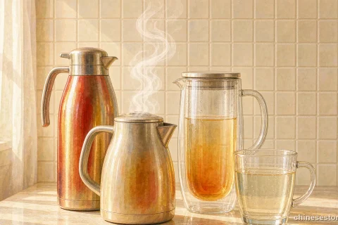 Illustration of a metal thermos, a flask and a steaming kettle on a warm kitchen counter