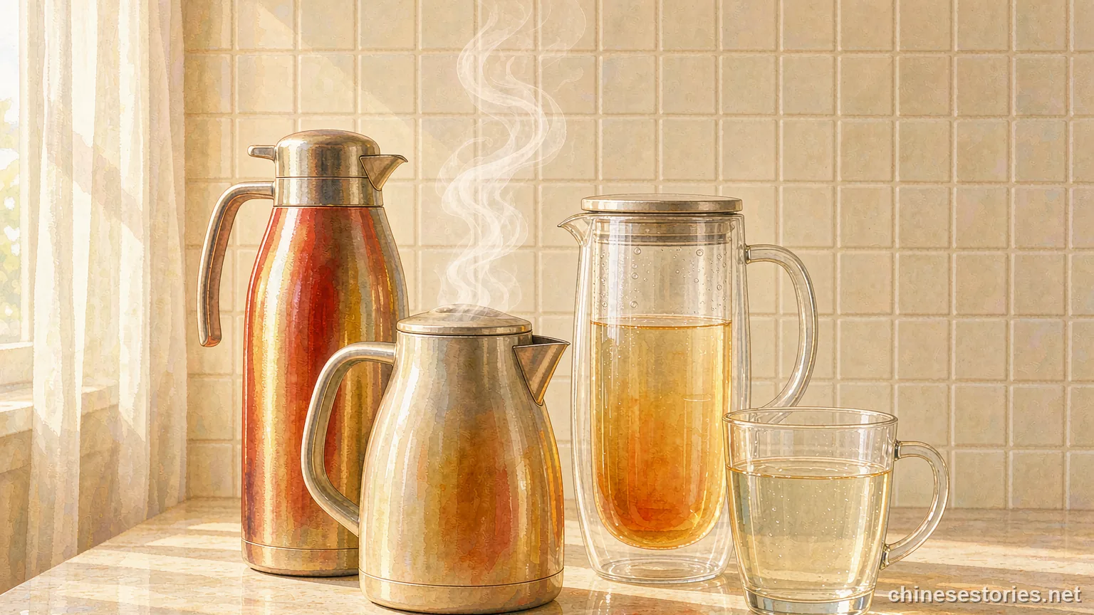 Thermos, flask and kettle with steam on a warm kitchen counter - Chinese culture illustration