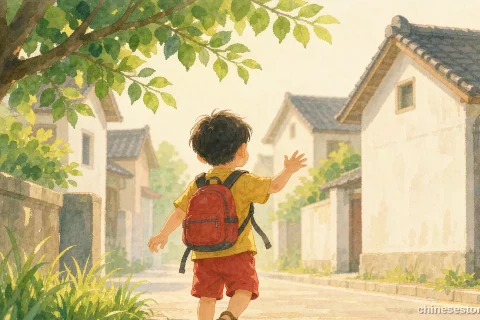 Illustration of a child with a school backpack walking home along a warm tree-lined street