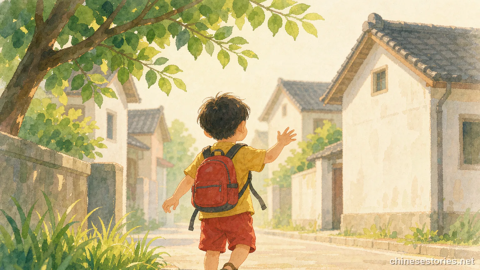 A child with a school backpack walking home along a warm street - Chinese culture illustration
