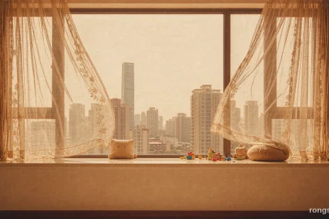 Illustration for a Chinese true crime story: a low apartment window with warm late afternoon sun across the sill, children's toys and a cushion left on the window seat, city towers hazy outside, with no people