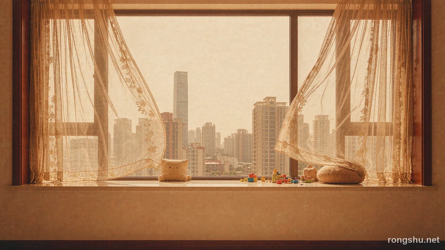 A low apartment window with warm sun across the sill and children's toys on the window seat - Chinese true crime illustration