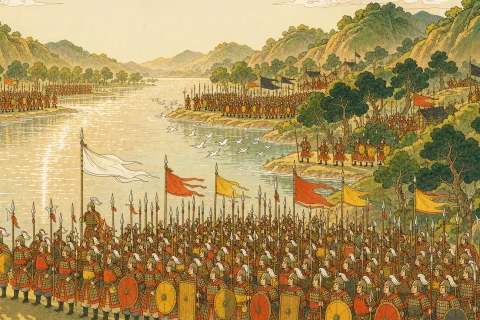 A Han dynasty army drawn up on a riverbank with their backs to the river, banners flying, an enemy camp on the hills opposite - illustration for the Chinese idiom bei shui yi zhan