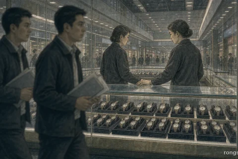 Illustration for a Chinese true crime story: a lit glass watch counter inside a shopping mall, a woman in a dark shop uniform standing behind it, and two plain-clothed figures walking towards her carrying a folded document