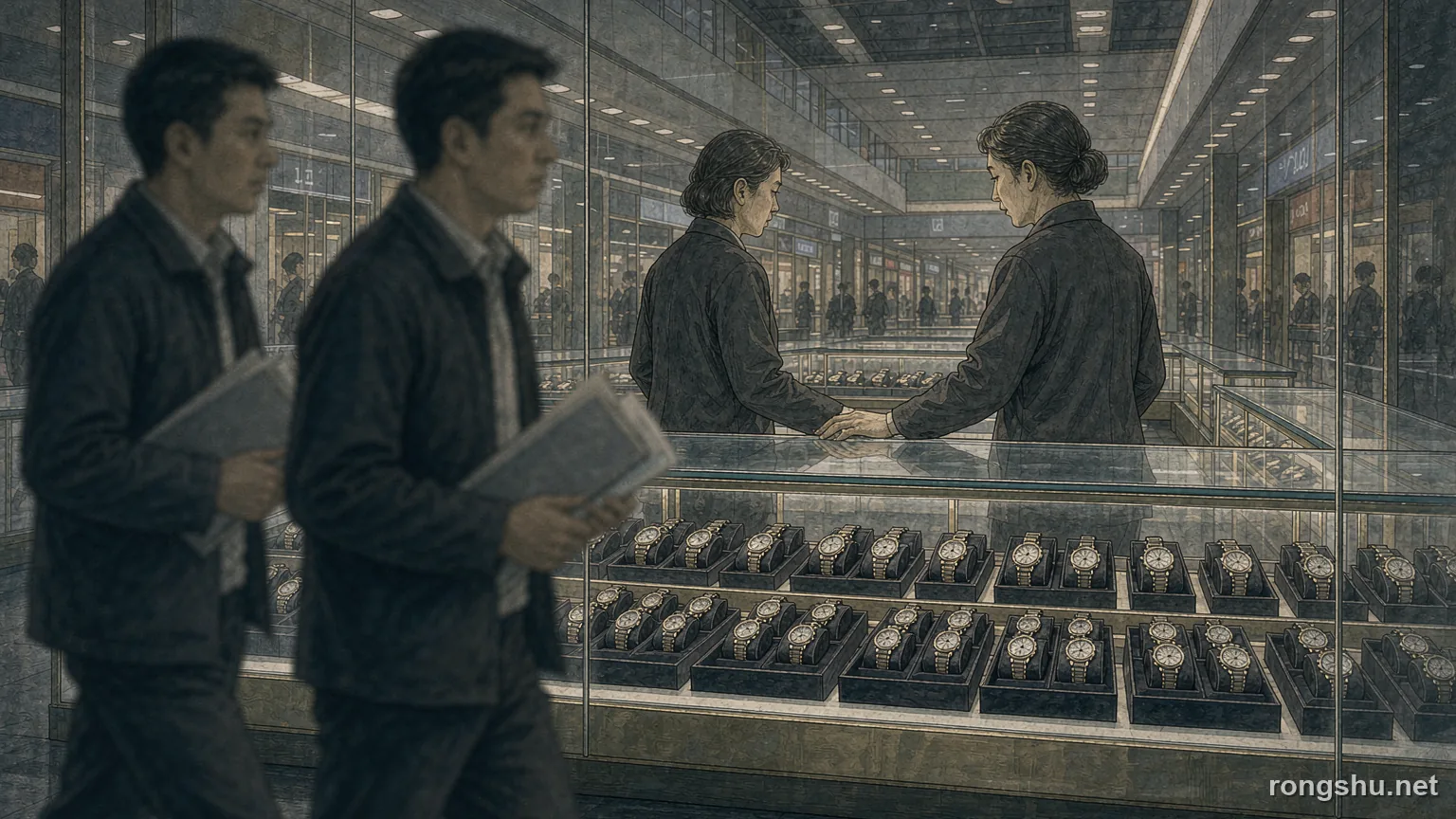 A lit glass watch counter in a Chinese shopping mall with a woman standing behind it and two plain-clothed figures approaching - Chinese true crime illustration