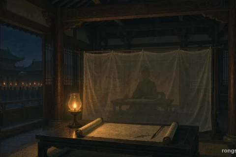Illustration for a Chinese historical figure story: a dim Tang dynasty palace hall at night with a lamp, an unrolled scroll on a low writing desk, the silhouette of a seated woman behind a gauze screen, and torchlight beyond the lattice window