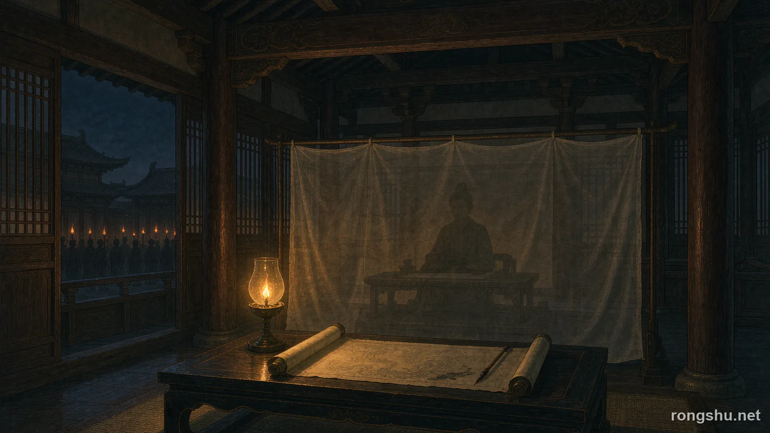 Tang dynasty palace hall at night with a lamp and a scroll on a low desk, and the shadow of a woman behind a gauze screen - Chinese historical figure illustration