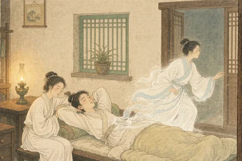 A young man asleep on a wooden bed in a warm lamplit room while a faint translucent spirit rises from him and steps toward the open door, his grey-haired mother dozing beside an oil lamp - illustration for the Chinese ghost story Xi Fangping